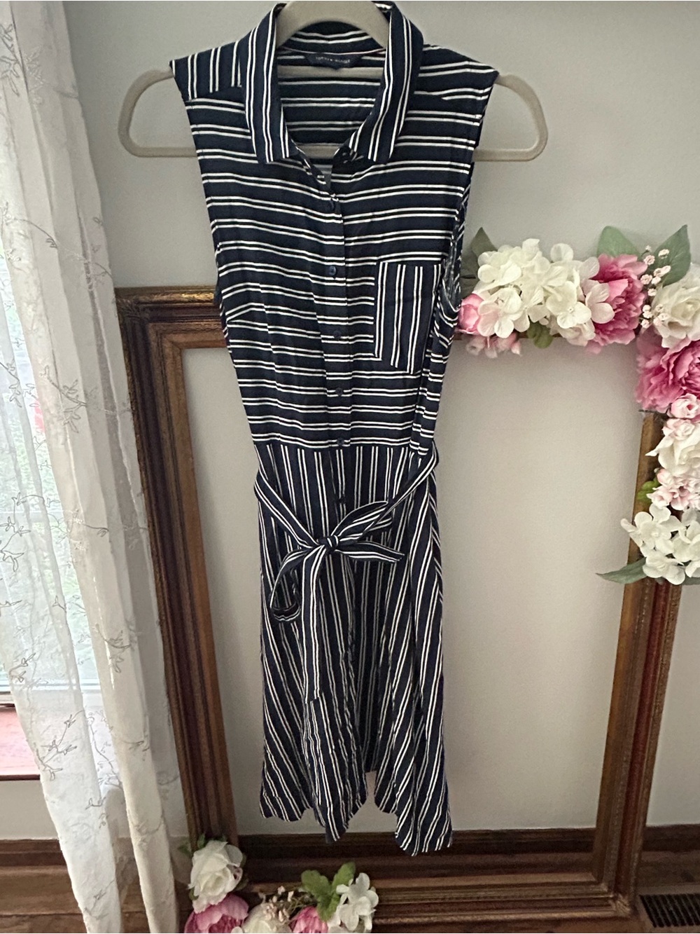 Tommy Hilfiger Navy and White Striped Sleeveless Shirt Dress with Tie